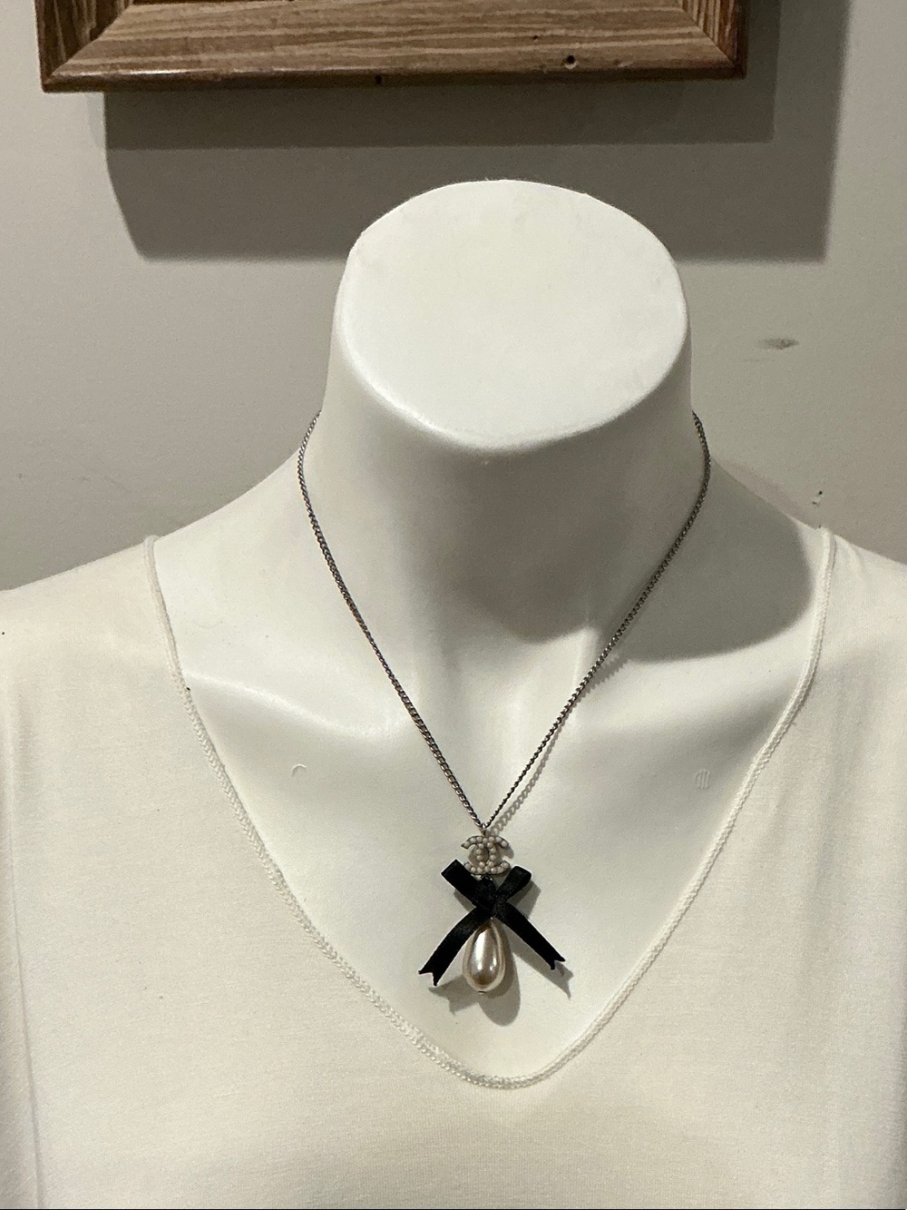 CHANEL Silver-Tone Necklace with Black Ribbon and Pearl Drop